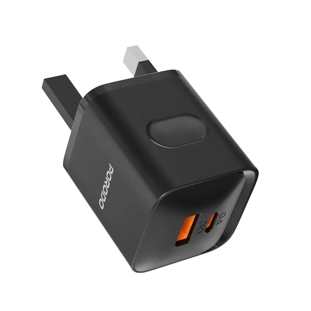 شاحن حائط بورودو PD+QC  بقوة 20 واط مع كابل USB-C إلى USB-C - أسود