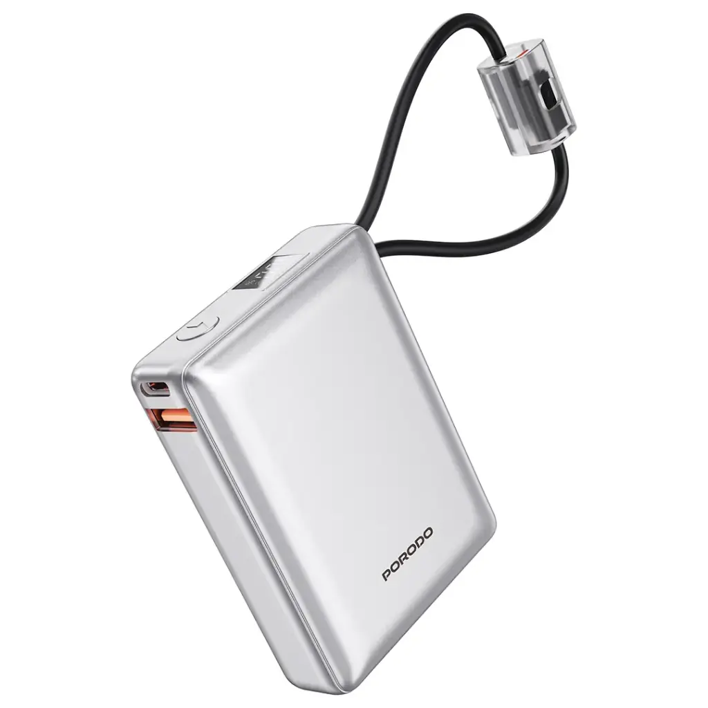 Porodo Petite 10000mAh Power Bank with Integrated Type-C & Lightning Cable - Silver