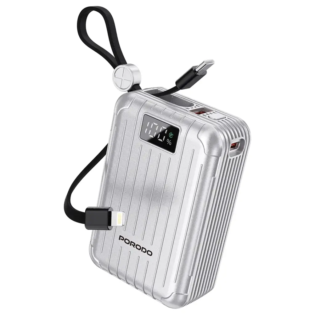 بنك الطاقة Porodo Petite بقدرة 20000mAh مع كابلات مدمجة Type-C وLightning – فضي