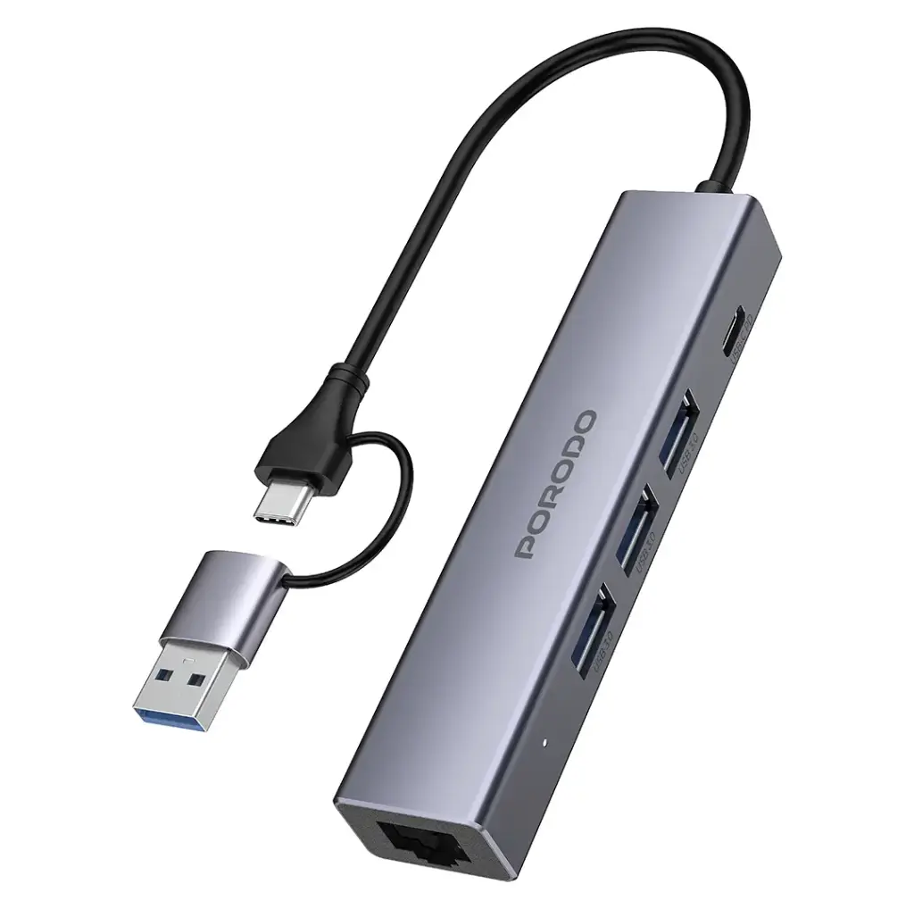 بورودو ٥-في-١ هاب متعدد المنافذ مع شحن PD وسرعة نقل ٥ جيجابت/ثانية - رمادي