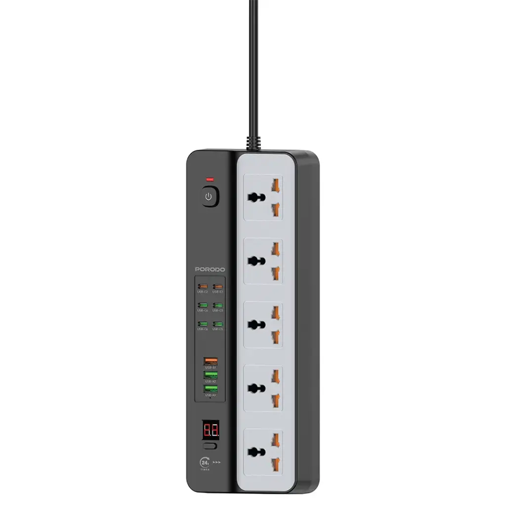 بورودو ٣٠٠٠ واط | شريط طاقة عالمي ٥ تيار متردد مع ٩ منافذ USB (٦ تيار متردد + ٣ أمبير) - أسود