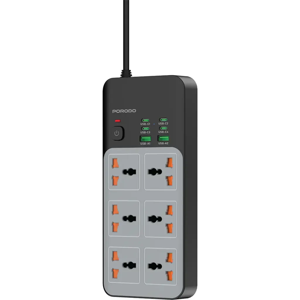 Porodo 3000W | 6AC Universal Power Strip with 6 USB Ports (4C + 2A) - Gray