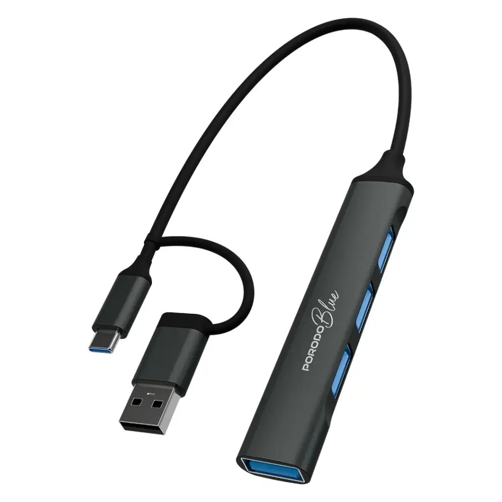 محور USB متعدد المنافذ 4 في 1 بورودو بلو مع رؤوس USB-A و USB-C - رمادي