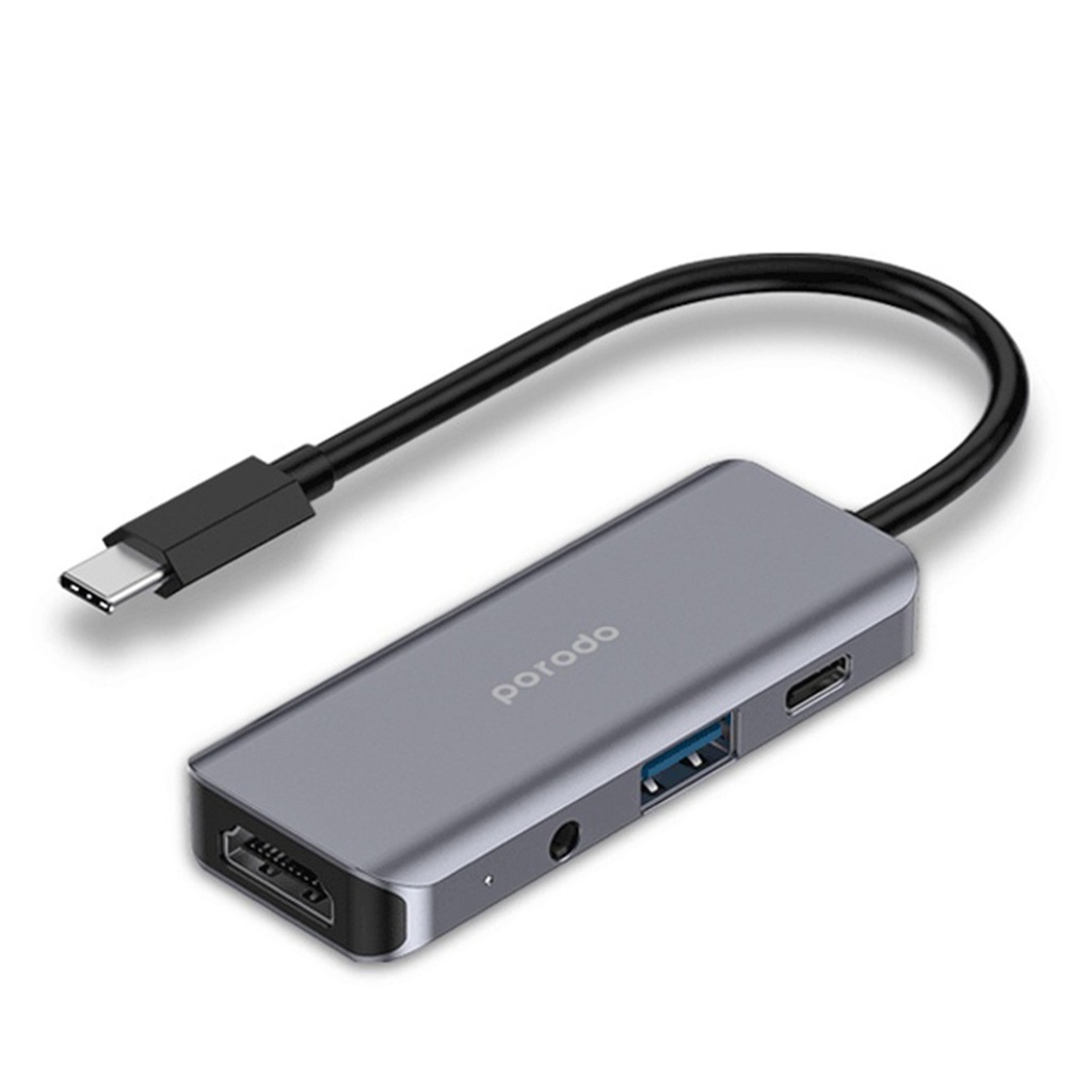 Porodo 4in1 USB-C Hub Type-C PD 100W HDMI USB 3.5mm Aux - Grey