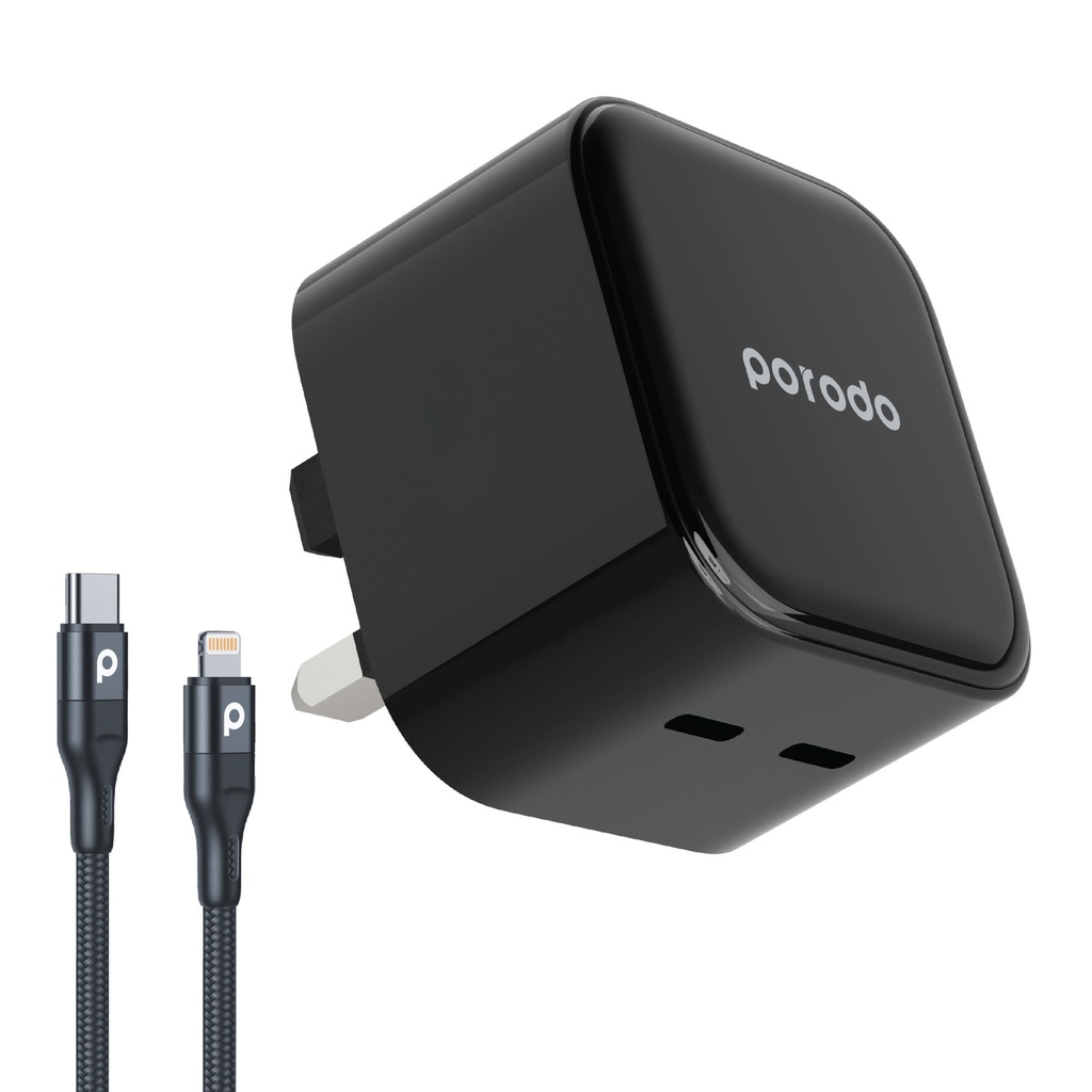 Porodo Super-Fast Dual USB-C Wall Charger PD 35W UK with Braided Type-C to Lightning Cable 1.2m - Black