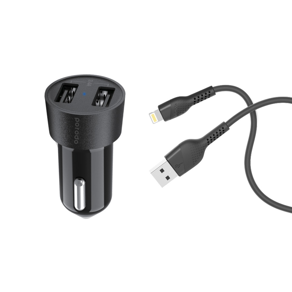 Porodo Dual USB Car Charger 3.4A with Lightning Cable 4ft.