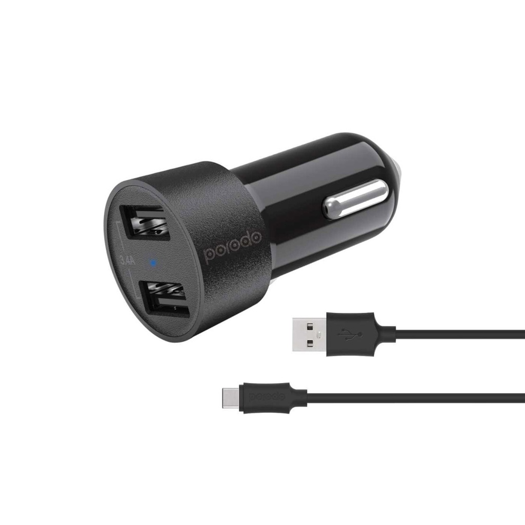 Porodo Dual USB Car Charger 3.4A with Type-C Cable 4ft. - Black