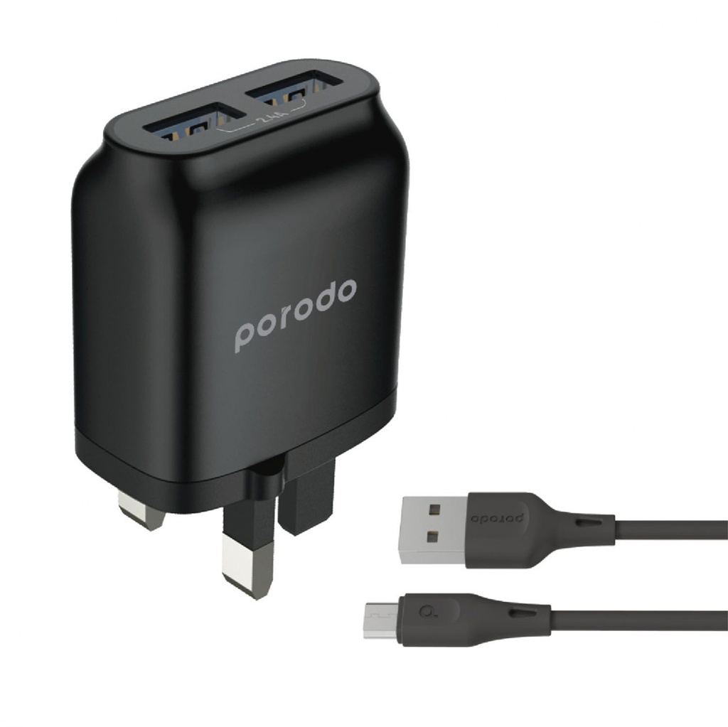 Porodo Dual USB Wall Charger 2.4A with Improved Version PVC Micro USB Cable 1.2m - Black