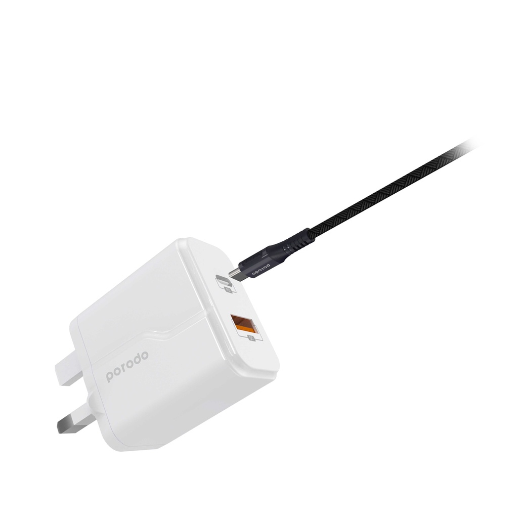 Porodo Dual Port Wall Charger PD 18W + QC3.0 UK with Braided Type-C to Lightning PD Cable 1.2m - White