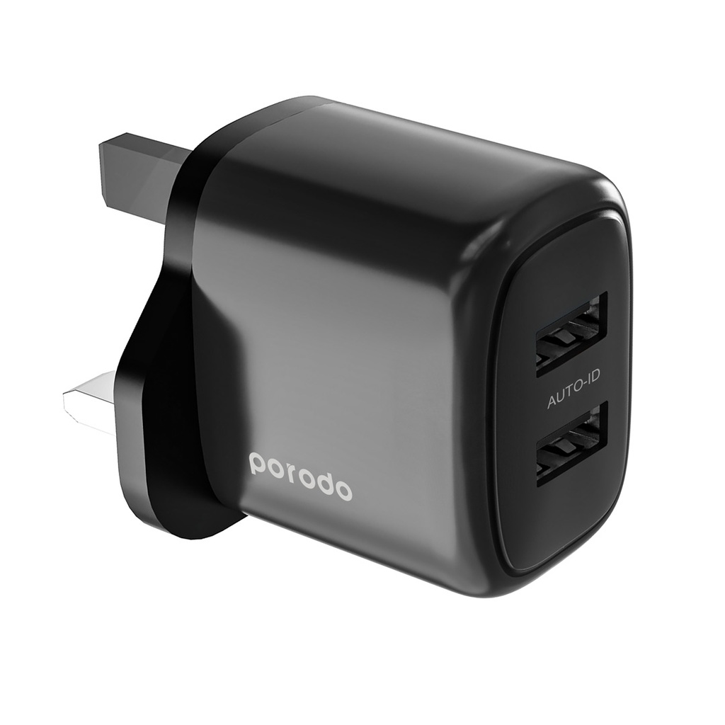 Porodo 12W Double USB 2.4A Charger UK - Black