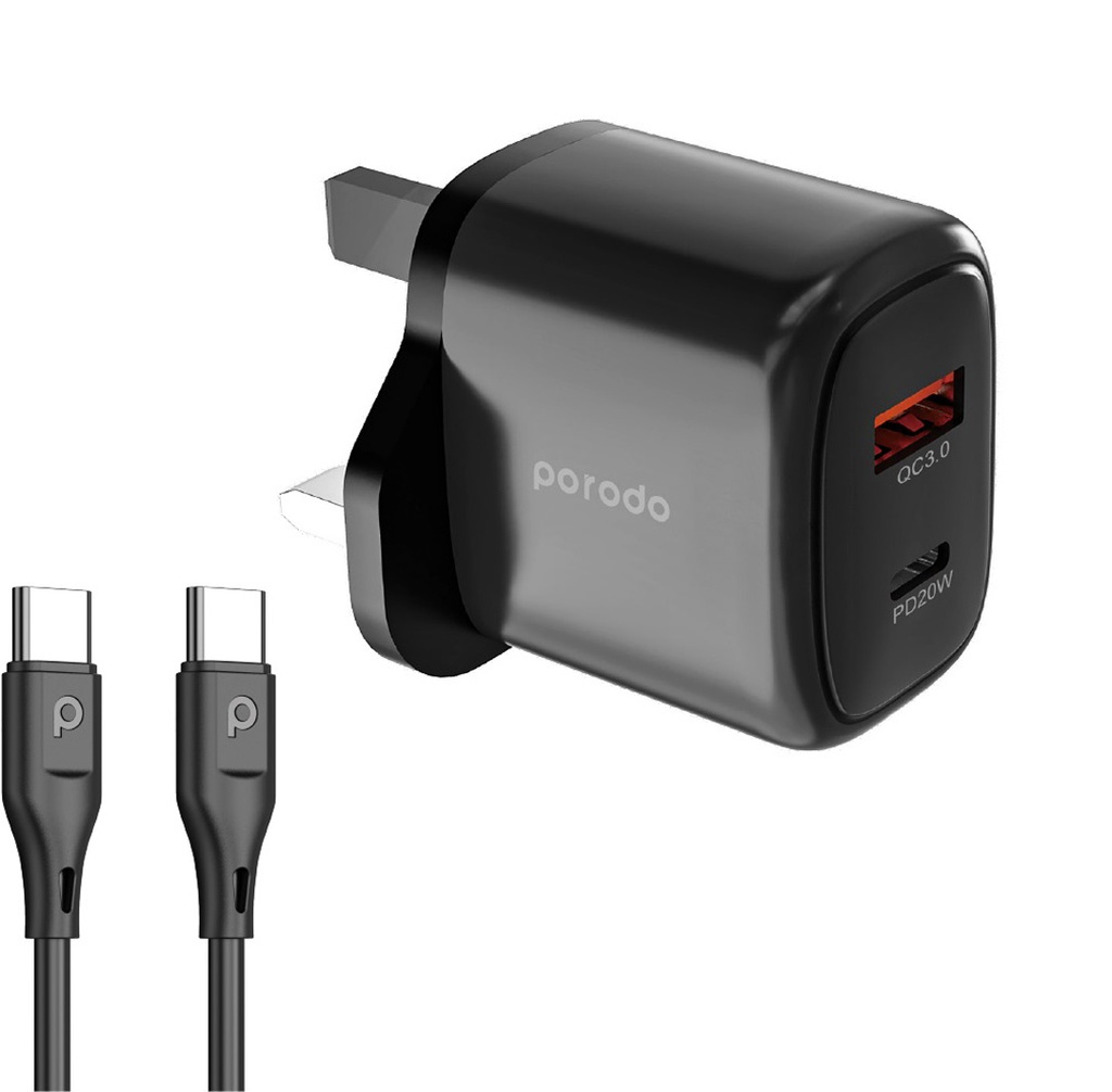 Porodo 20W+QC USB A+C Charger UK with C-C 1.2M Cable - Black