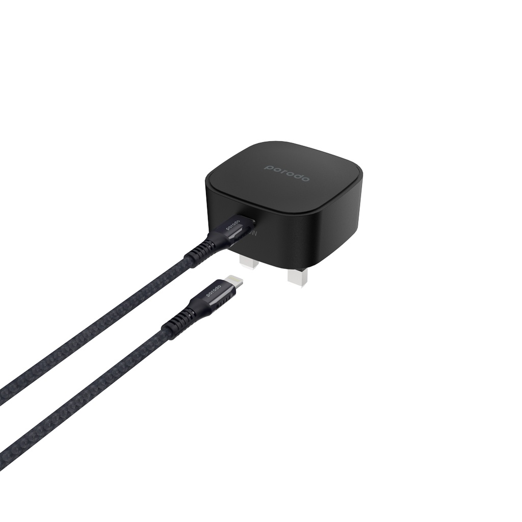 Porodo Super-Compact Fast Wall Charger PD 20W UK with Braided Type-C to Lightning Cable 1.2m