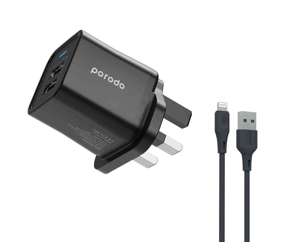 Porodo Dual USB Wall Charger 2.4A UK with PVC Lightning Cable 1.2m