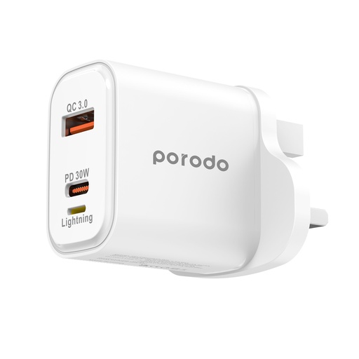 Porodo Triple Port PD QC Lightning 30W Wall Charger with Braided USB-C to Lightning Cable 1.2M - White
