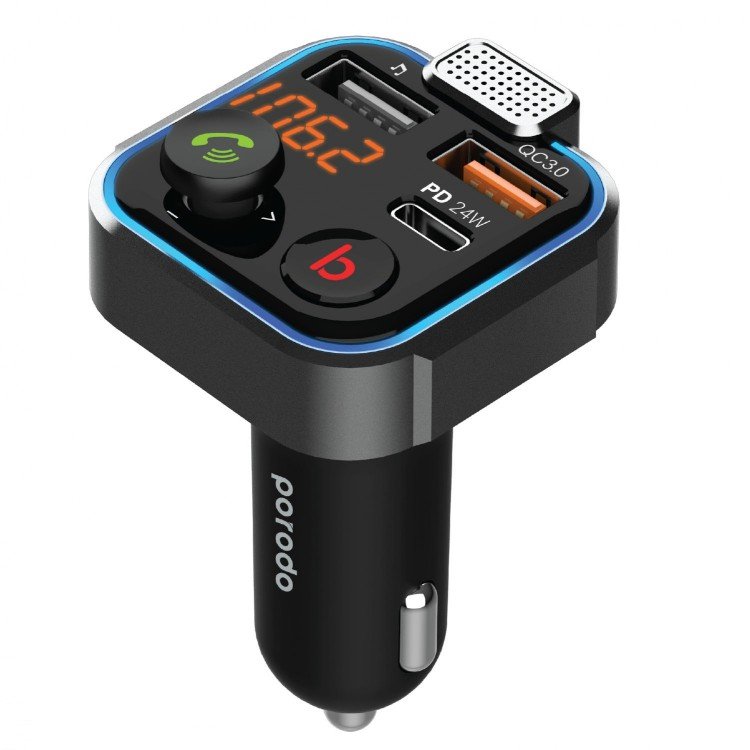 Porodo Smart Car Charger FM Transmitter with 24W PD Port & QC 3.0 - Black	