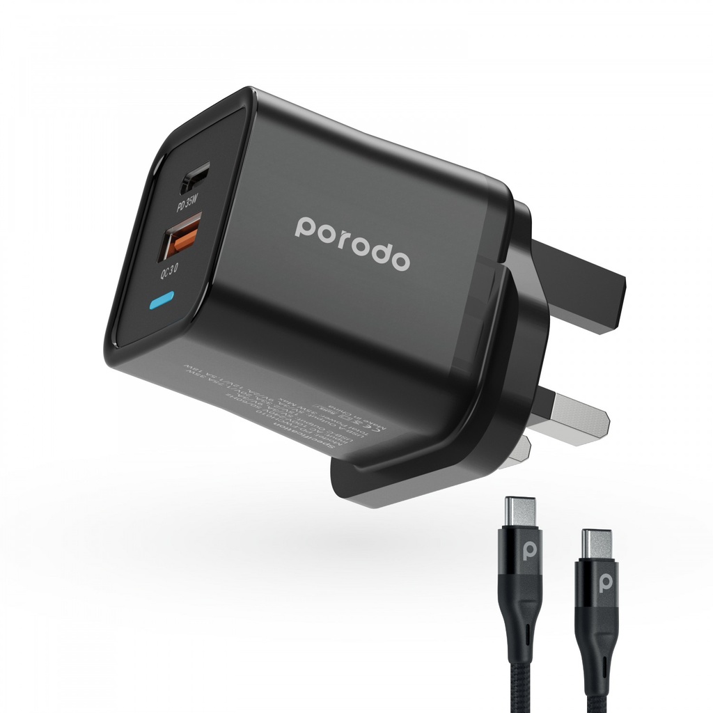 Porodo Wall Charger UK 3-Pin & Braided Type-C to Type-C Cable 1.2m