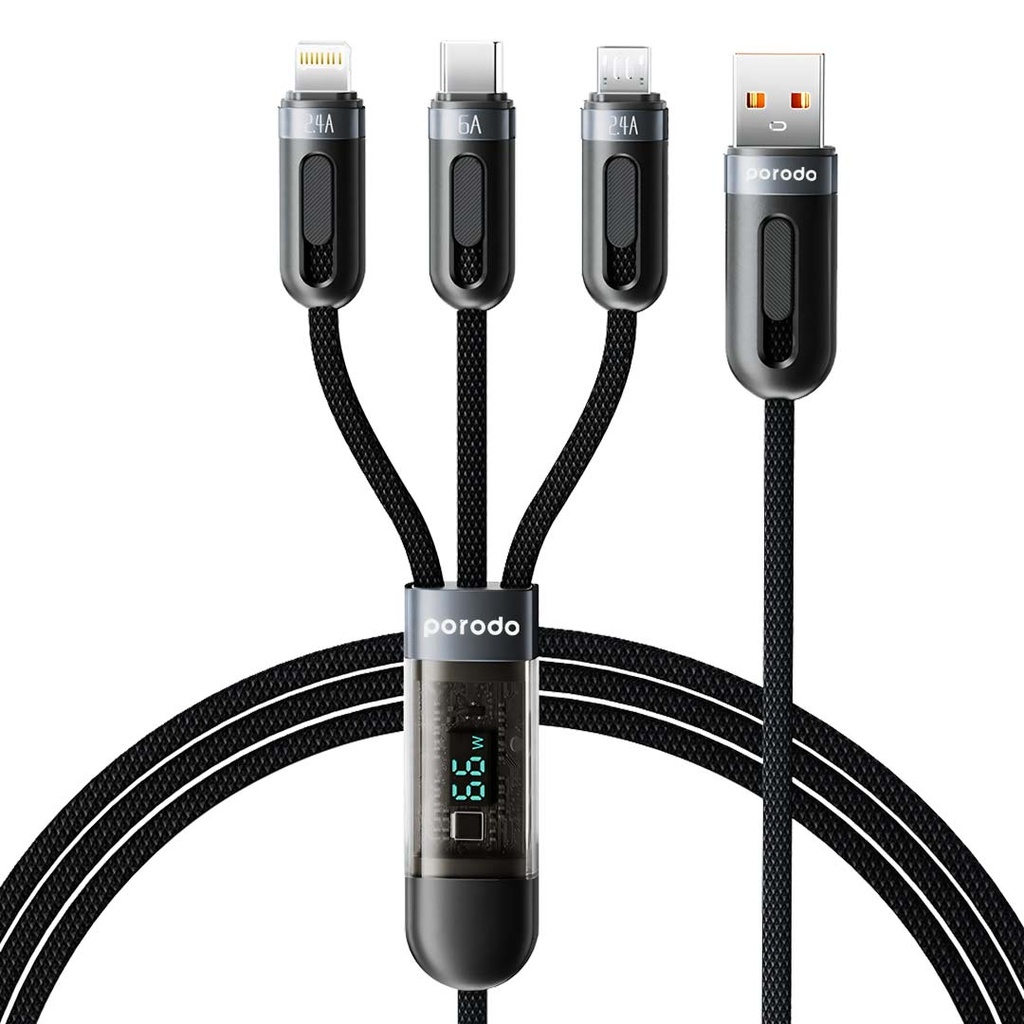 Porodo 3-IN-1 Digital-Display Fast Charging 1.2M Cable A to C+L+M - BLACK