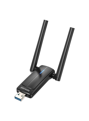 Porodo Dual Band WiFi6 USB Adapter with Additional USB A to Type-C Adaptor and External Antenna - Black