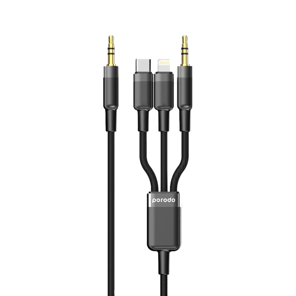 Porodo 3in1 Aux 3.5 to 3.5+C+Lightning Cable 1.2M - Black