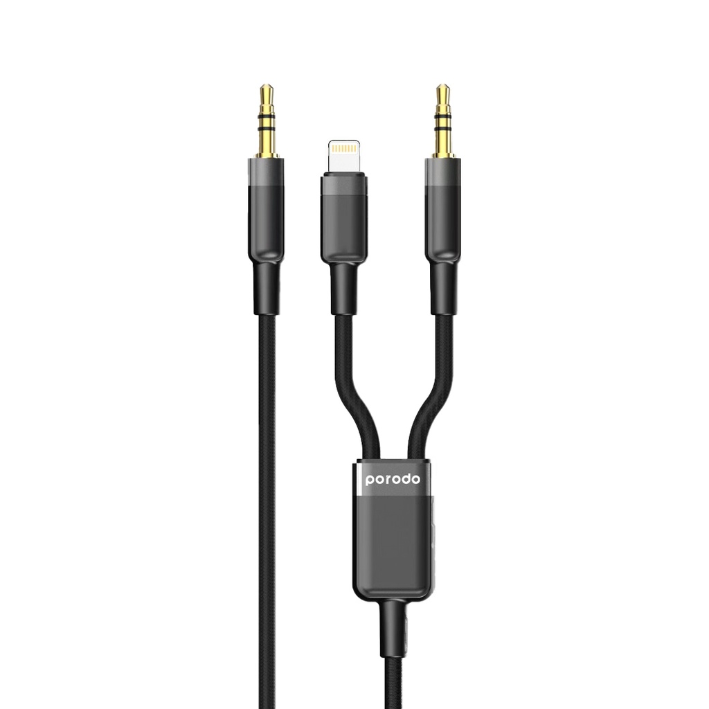 Porodo 2in1 Aux 3.5 to 3.5+Lightning Cable 1.2M - Black