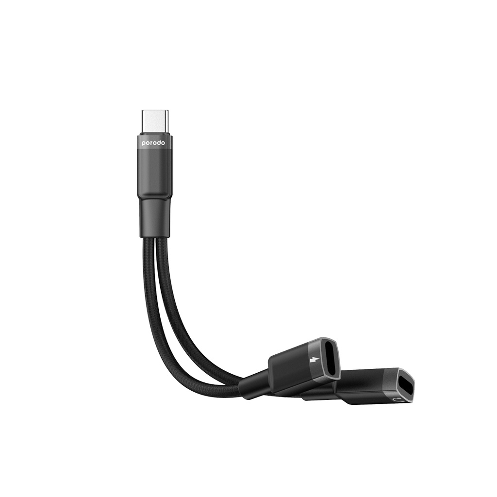Porodo 2in1 Lightning to 2*Type C Jack Headphone and Charging Converter Adapter