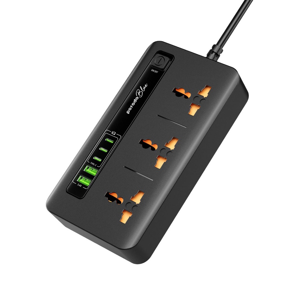 Porodo Blue 3 AC Power Socket With 2XUSB-A, 3XType-C 2M 3000W - Black