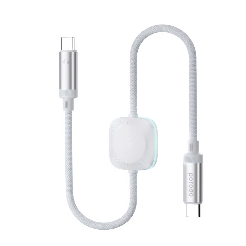 Porodo 2 in 1 USB-C to USB-C 60W Cable with Wireless Watch Charger 1.2M - White