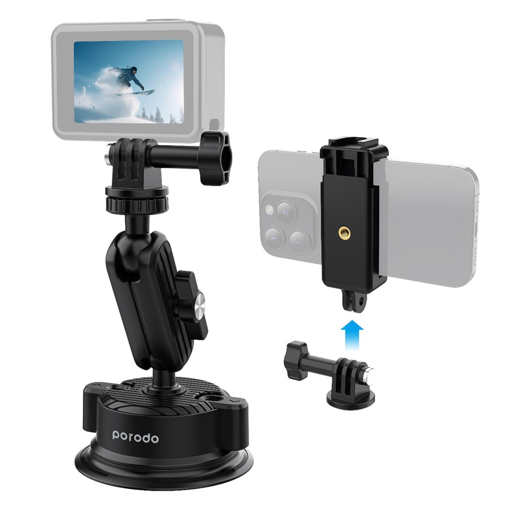 Porodo 2in1 Mobile and Camera Mount with Suction Base - Black