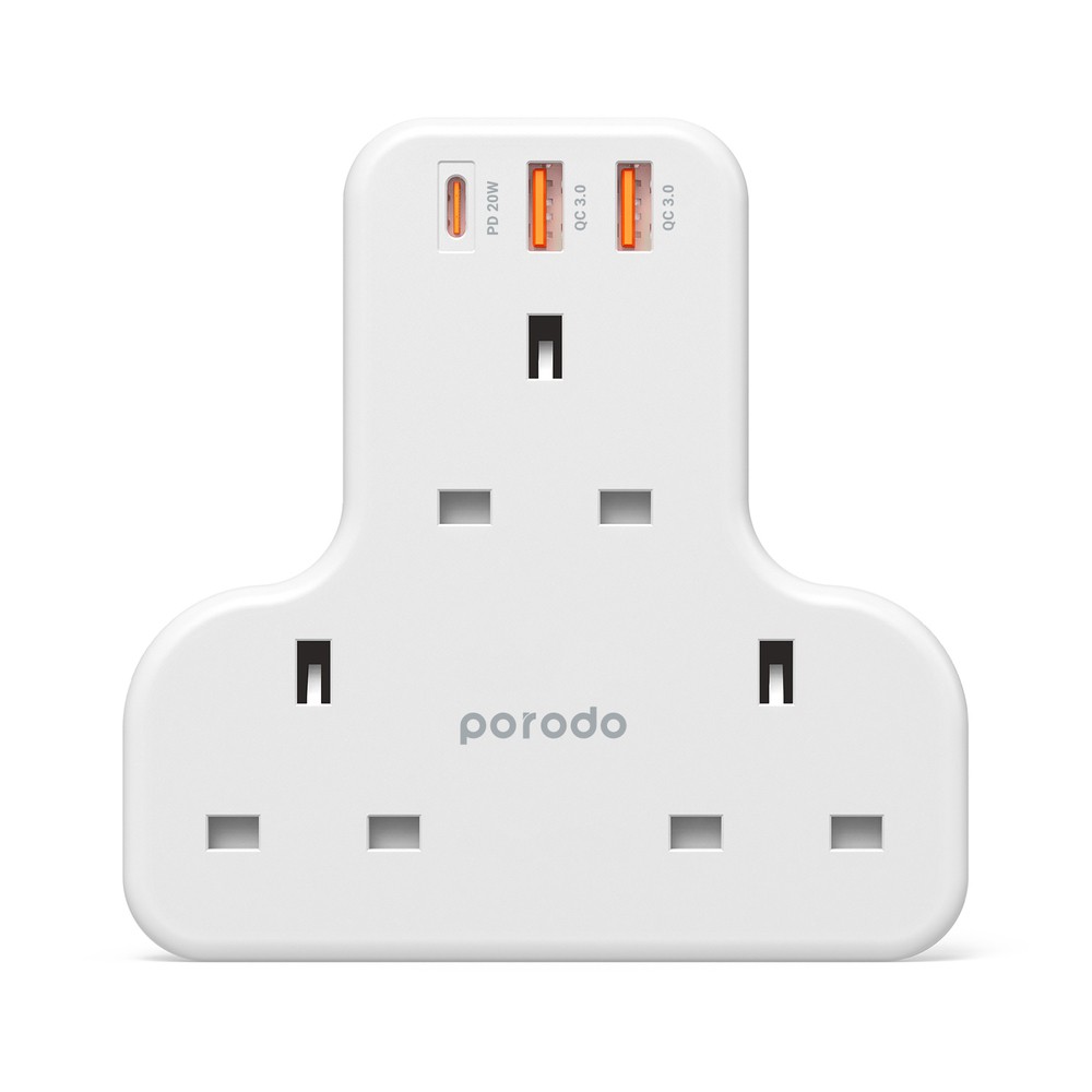 Porodo Multiport Wall Socket 3250W With  3 AC & 2 USB-A QC3.0 & USB-C PD 20W UK Version
