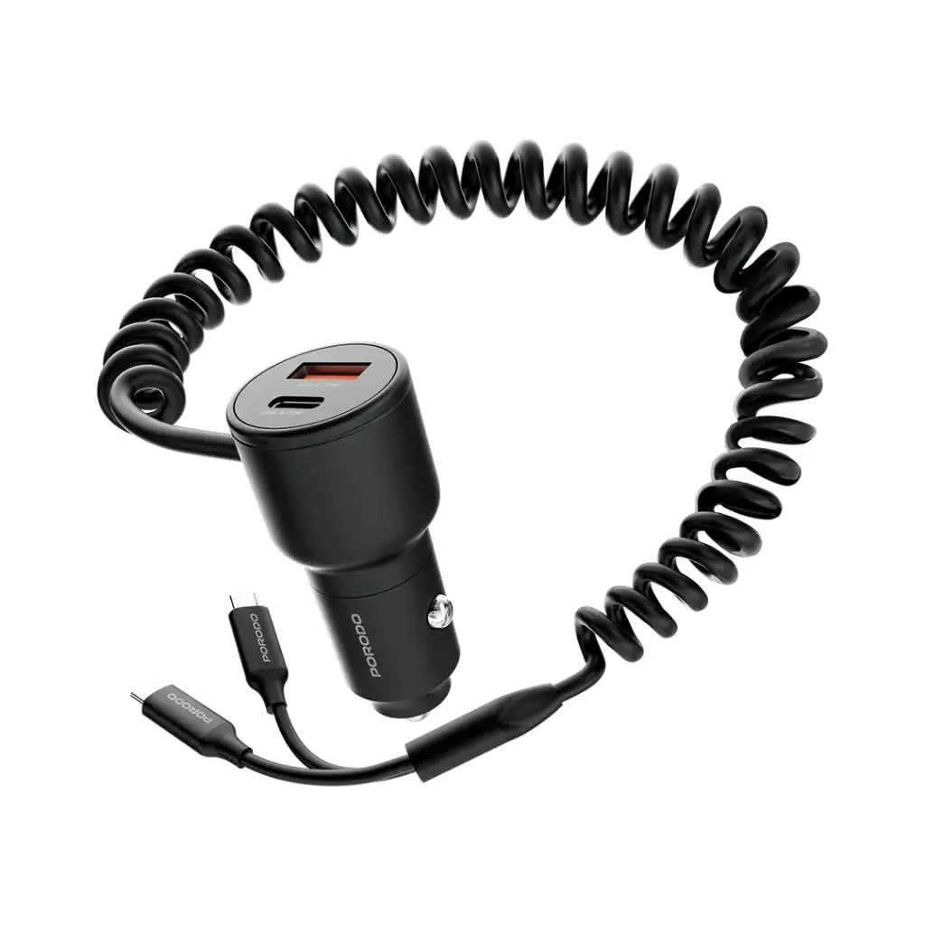 Porodo Dual Port Car Charger Integrated C+C Cables - Black