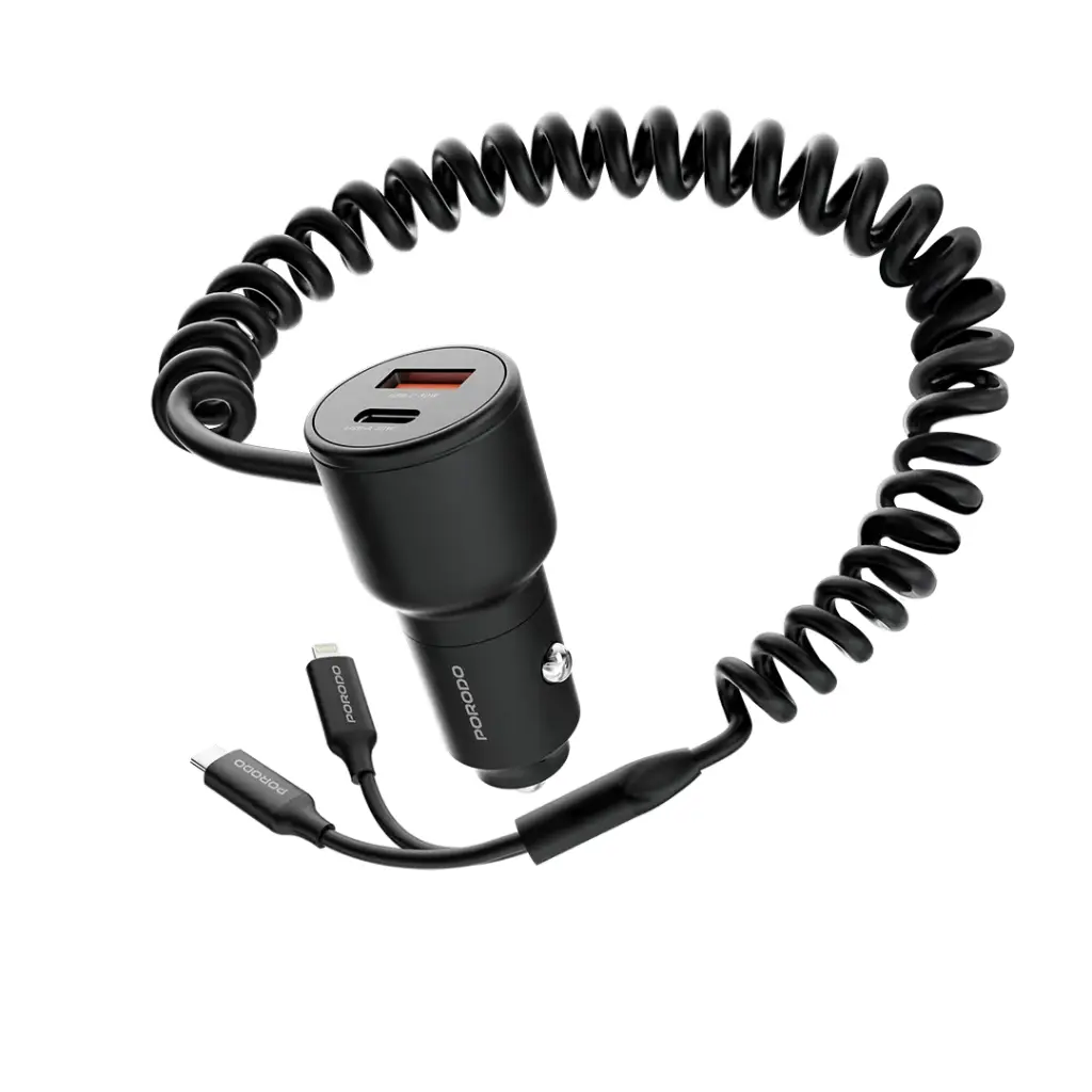 Porodo Dual Port Car Charger Integrated C+L Cables - Black