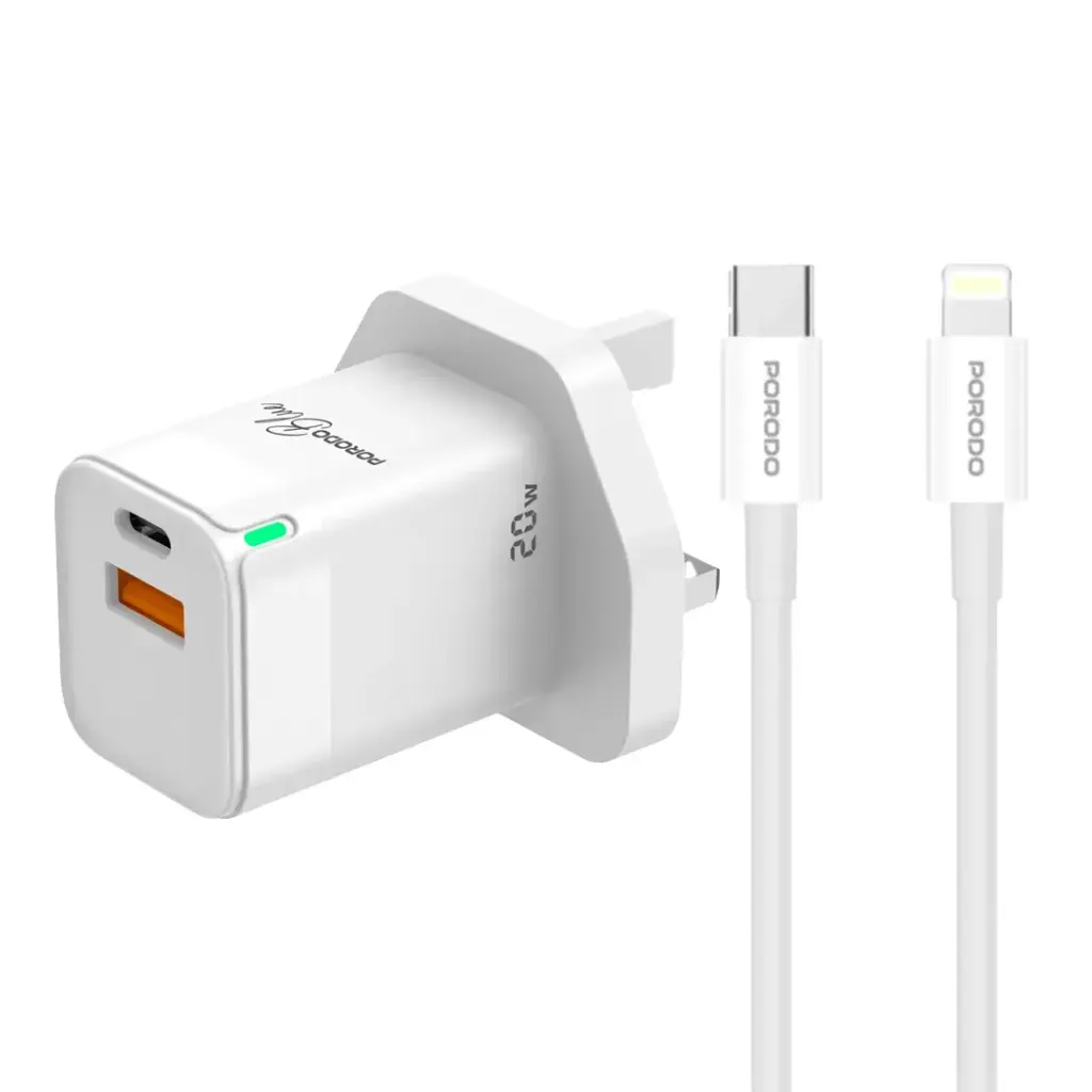 Porodo Blue Ultra-Quick Charger USB-A to USB-C (1m Lightning Cable Included) - White