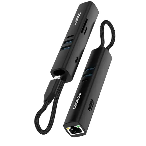 [PD35038IN1BK] Porodo 8-In-1 Multi-Port USB Hub with 5Gbps Transfer Speed - Black