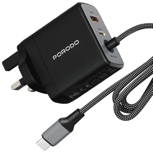 [PDFWCHBC65WBK] شاحن Porodo Zentrix 65W GaN Fast مع كابل USB-C مضفر بطول 1.5م - أسود