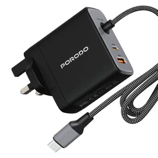 [PDFWCHBC100WBK] شاحن Porodo Zentrix 100W GaN Fast مع كابل USB-C مضفر بطول 1.5م - أسود