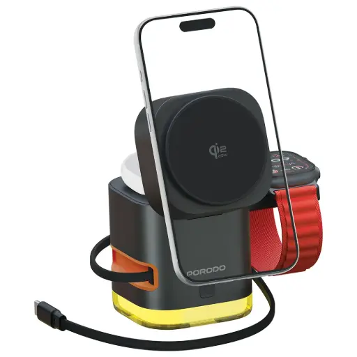 [PDC53BK] Porodo Xpert 5-In-1 Retractable Wireless Charger with LED Light - Black