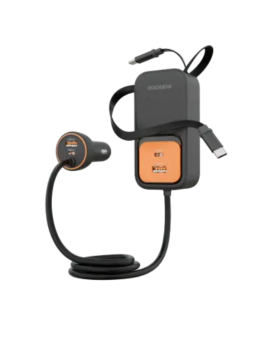 [PDCCR32BK] Porodo ENZO MULTI-PORT CAR CHARGER Dual 70cm Retractable Cables - Black