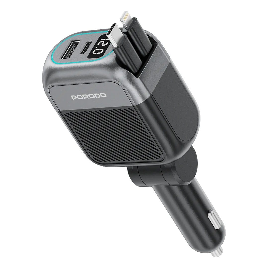 [PDCCR33BK] Porodo Spider Multi-Port USB Car Charger with USB-C to USB-C & Lightning Cable - Black