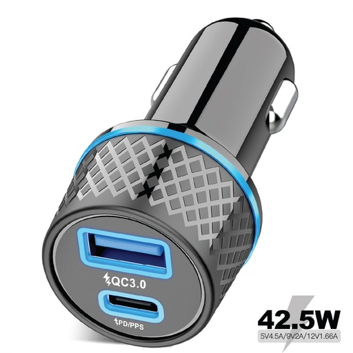 [PD-CPDCTL-BK] Porodo Dual Port Car Charger QC3.0 22.5W + PD 22W with Type-C to Lightning Cable