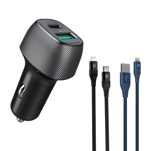 bundle Porodo Dual Port Car Charger with Type-C Cable + Lightning Cable