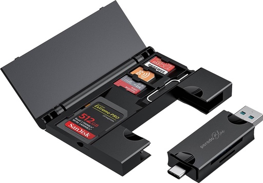 [PBCACRHBK] Porodo Blue 2-in-1 Card Reader with Card Holder