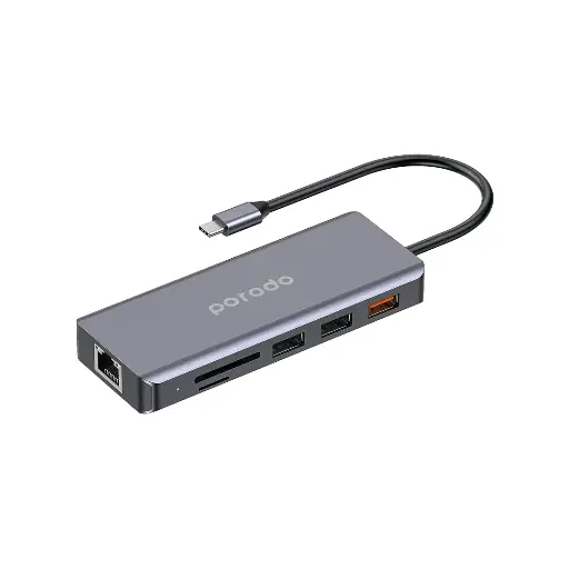 [PD-91CHB-GY] Porodo 9in1 USB-C Hub Type-C PD 100W HDMI Ethernet USB SD Card 3.5mm Aux - Gray