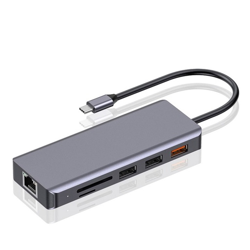 [PD-91CHB-GY] Porodo 9in1 USB-C Hub Type-C PD 100W HDMI Ethernet USB SD Card 3.5mm Aux - Grey