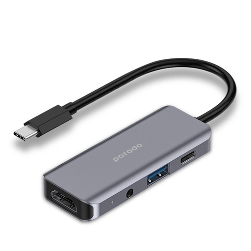 [PD-41CHB-GY] Porodo 4in1 USB-C Hub Type-C PD 100W HDMI USB 3.5mm Aux - Grey