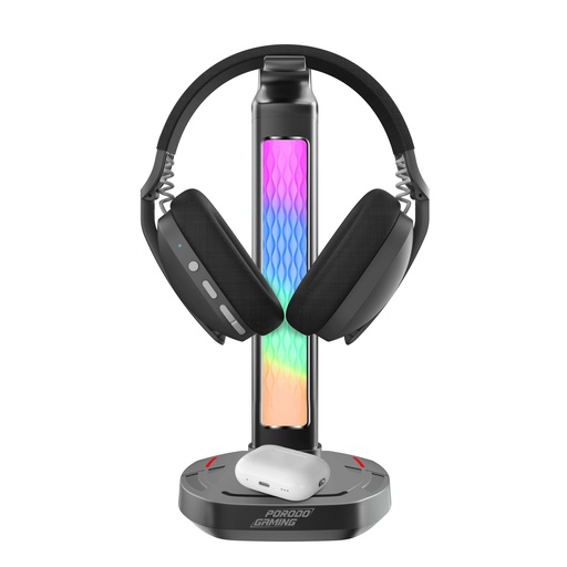 [PDX527] Porodo Gaming RGB Headphone Stand, Wireless Charging & USB-C Hub with Screen Lamp 5W