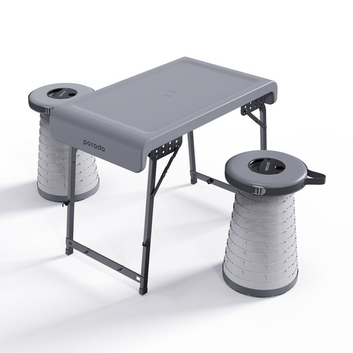 [PD-CFDLDSTS-GY] Porodo Camping Foldable Desk and LED (White/Yellow) Stool Set - Grey
