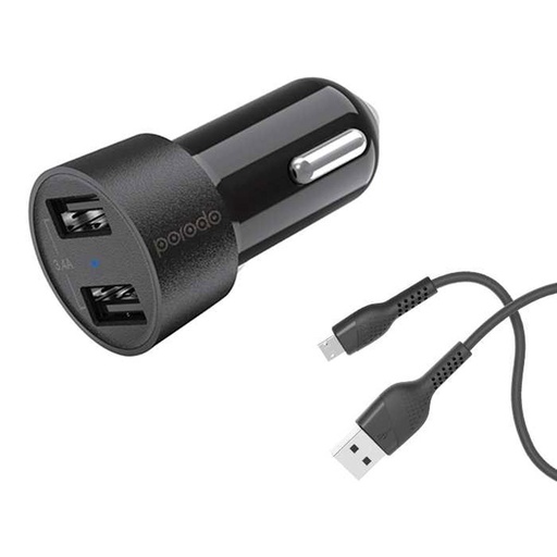[PD-M8J622M-BK] Porodo Dual USB Car Charger 3.4A with Micro USB Cable 4ft. - Black