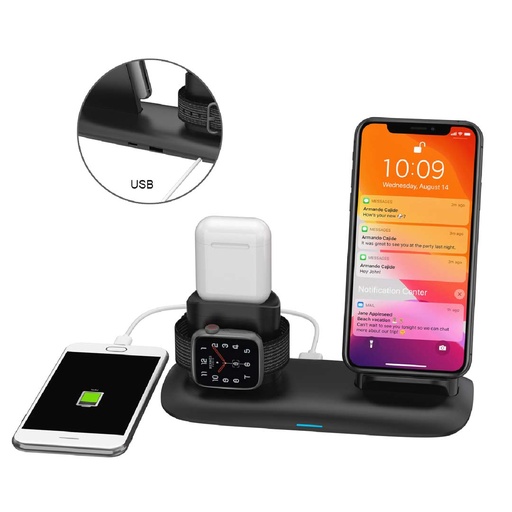 [PD-W02-BK] Porodo 4 in 1 Charging Station 7.5W/10W for iPhone / Apple Watch / Airpods - Black