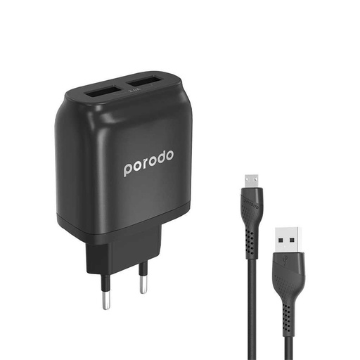 [PD-0203MEU-BK] Porodo Dual USB Wall Charger 2.4A with Improved Version PVC Micro USB Cable 1.2m EU - Black