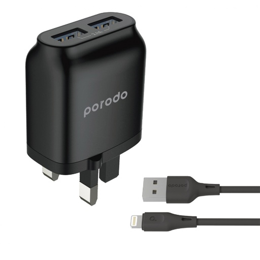 Porodo Dual USB Wall Charger 2.4A with Improved Version PVC Lightning Cable 1.2m